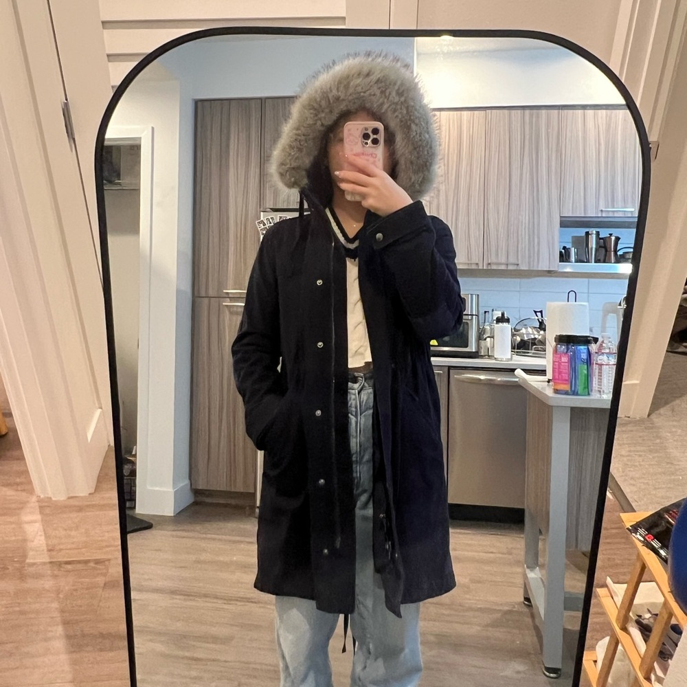 Women’s dark navy Hooded Parka with Fur Trim